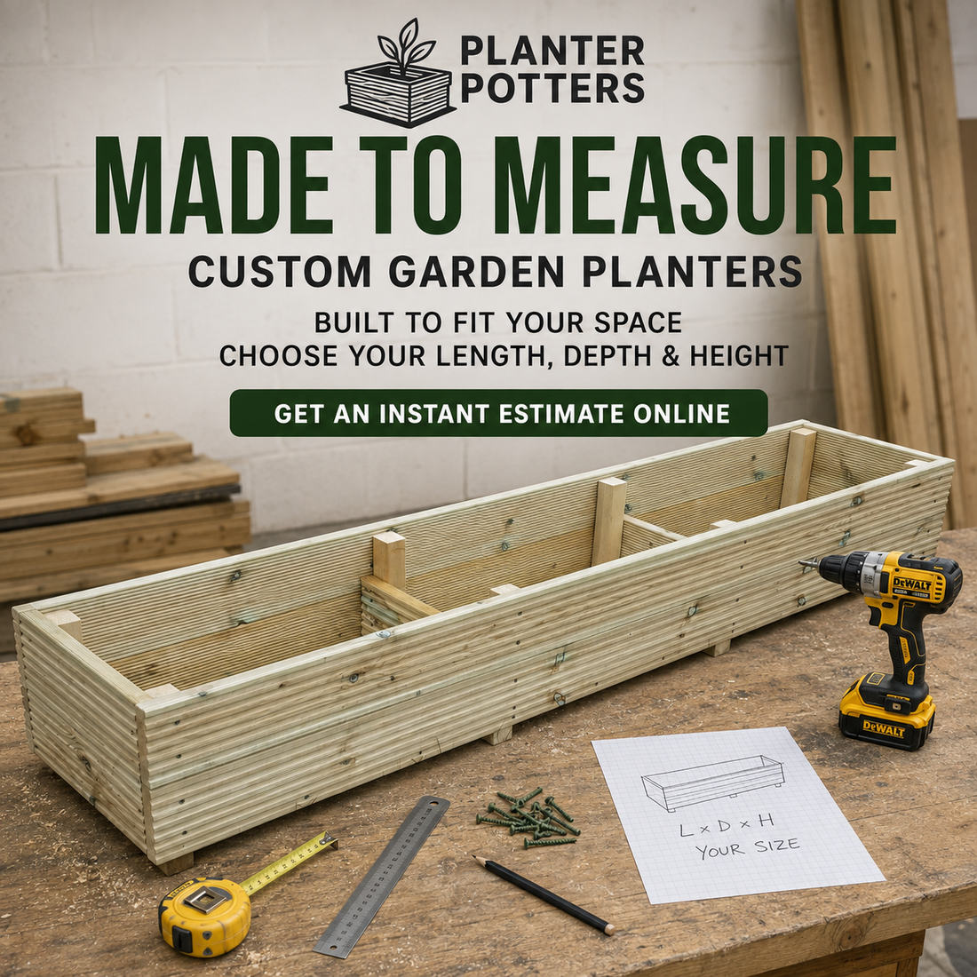 Made-to-measure wooden garden planter with measuring tools