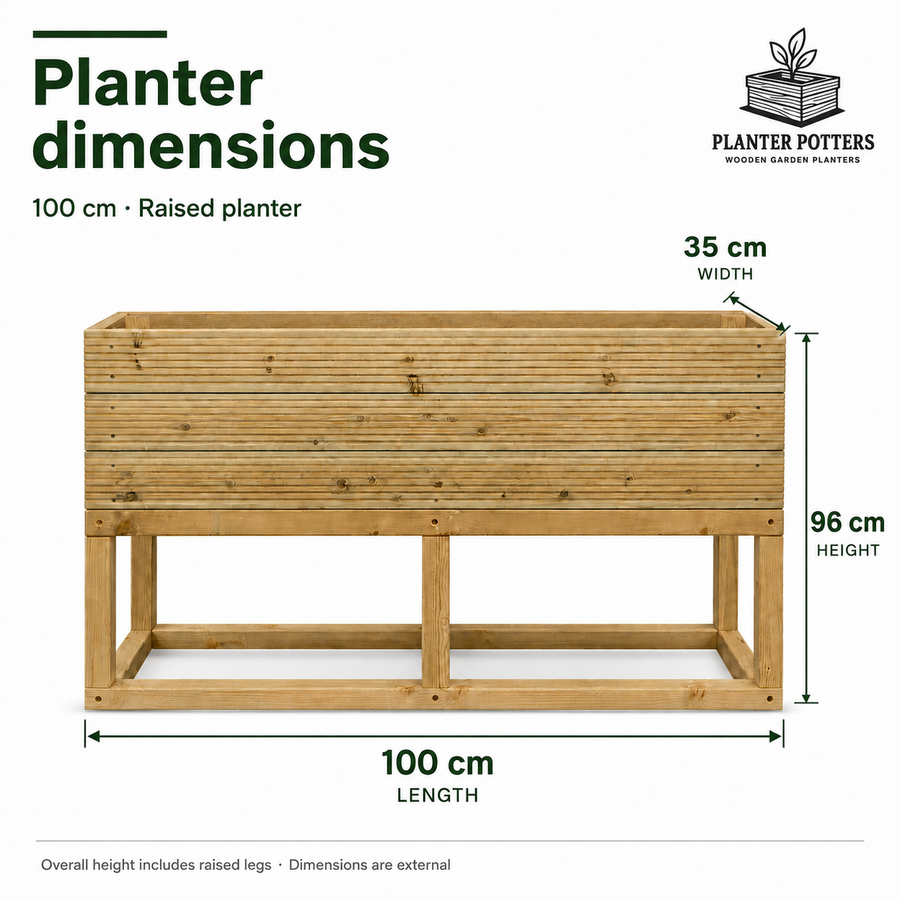 Size guide for the raised wooden planter: 100 cm long, 35 cm wide and 96 cm overall height, including the raised legs.