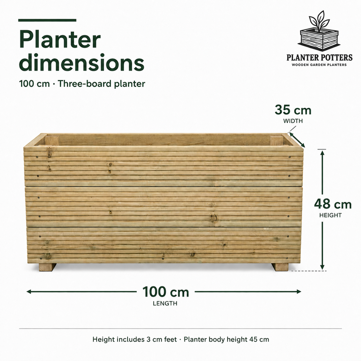 Size guide for the 100 cm three-board wooden planter: 100 cm long, 35 cm wide and 48 cm high, including 3 cm feet.