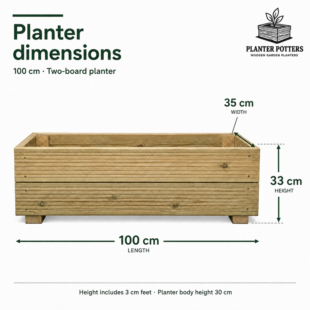 Size guide for the 100 cm two-board wooden planter: 100 cm long, 35 cm wide and 33 cm high, including 3 cm feet.