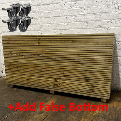 Tall 4 ft Long Wooden Decking Planter – 120 × 35 × 63 cm fitted with heavy-duty wheels and raised false bottom
