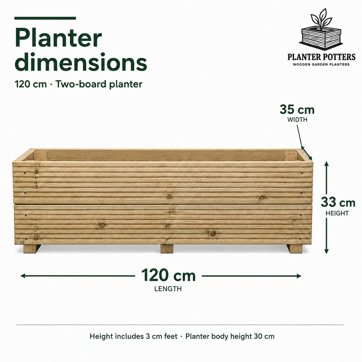 Size guide for the 120 cm two-board wooden planter: 120 cm long, 35 cm wide and 33 cm high, including 3 cm feet.