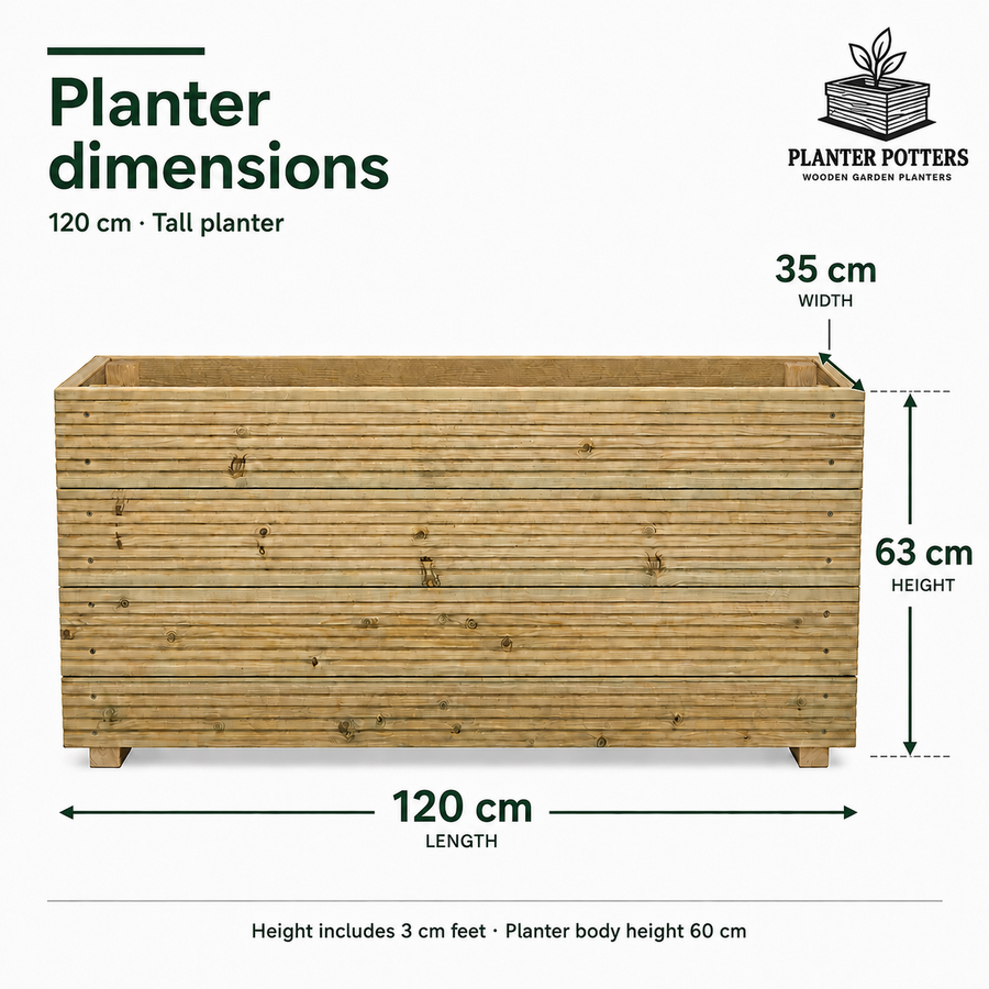 Size guide for the 120 cm tall wooden planter: 120 cm long, 35 cm wide and 63 cm high, including 3 cm feet.