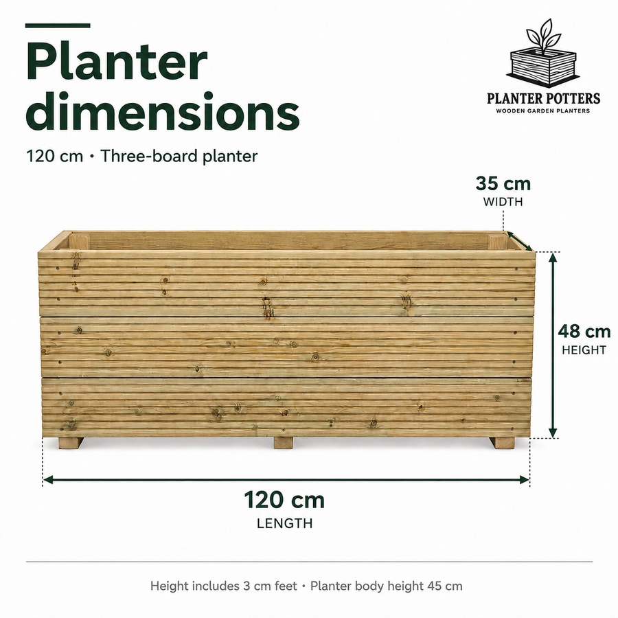 Size guide for the 120 cm three-board wooden planter: 120 cm long, 35 cm wide and 48 cm high, including 3 cm feet.