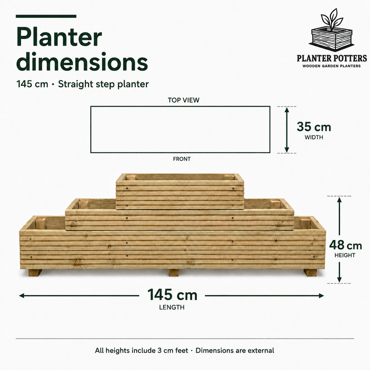 Straight-step wooden planter size guide: 145 cm long, 35 cm front-to-back width shown in a top view, and 48 cm maximum height including feet.