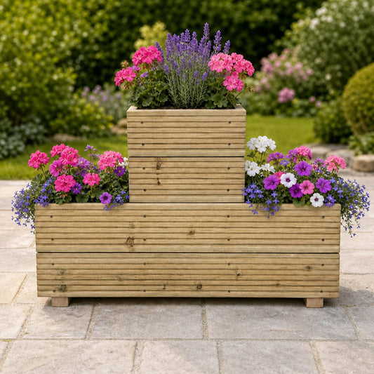 One – Tier Wooden Decking Planter 88 × 35 × 48 cm planted with colourful flowers