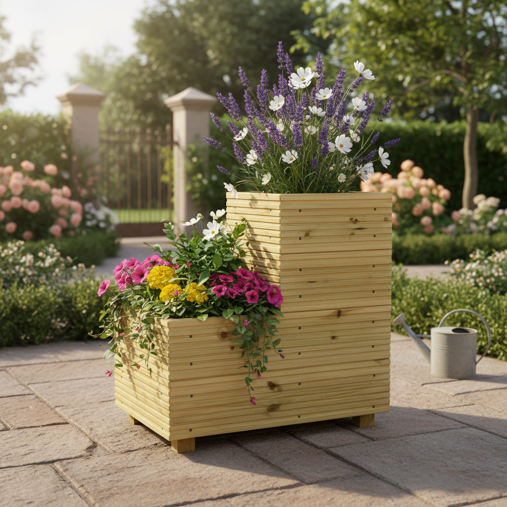 Small 2-Tiered Garden Steps Planter – Pressure-Treated Outdoor Wooden Planter 57 × 35 × 63 cm