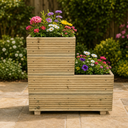 Two-tier wooden garden planter planted with colourful flowers