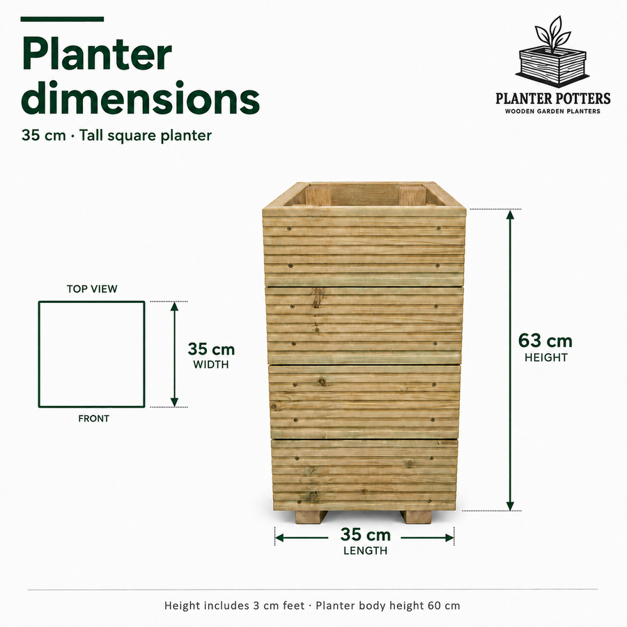 Size guide for the 35 cm square wooden planter: 35 x 35 cm footprint and 63 cm height including feet, with a top view showing front-to-back width.
