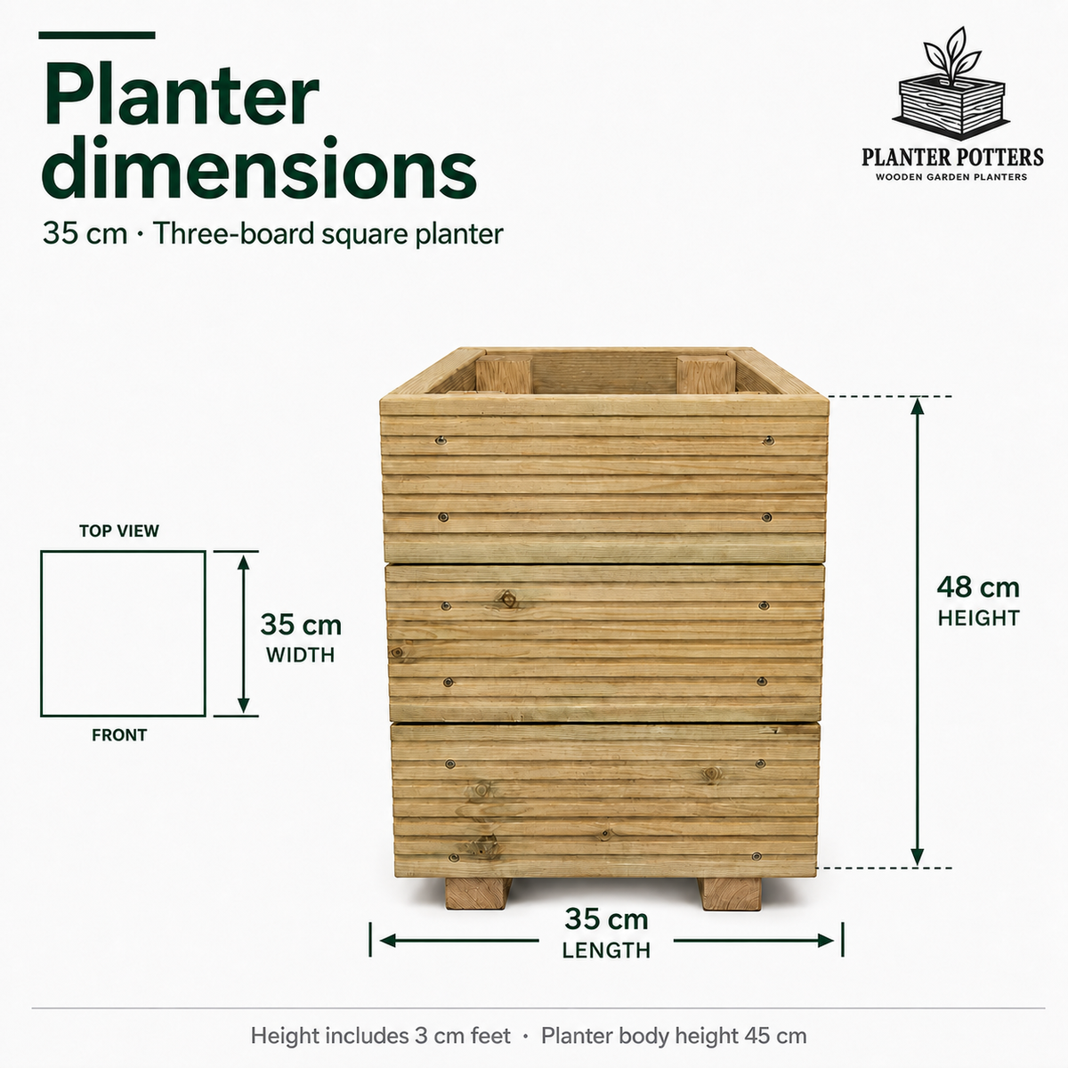 Size guide for the 35 cm square wooden planter: 35 x 35 cm footprint and 48 cm height including feet, with a top view showing front-to-back width.