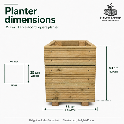 Size guide for the 35 cm square wooden planter: 35 x 35 cm footprint and 48 cm height including feet, with a top view showing front-to-back width.