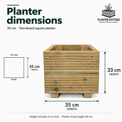 Size guide for the 35 cm square wooden planter: 35 x 35 cm footprint and 33 cm height including feet, with a top view showing front-to-back width.