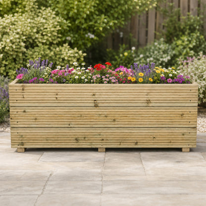 4 ft triple – board Wooden Decking Planter – 120 × 35 × 48 cm planted with colourful flowers