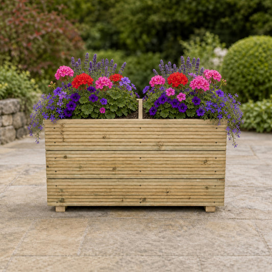 Large Solid Wooden Patio Planter With Central Divide – 88x35x47cm planted with colourful flowers