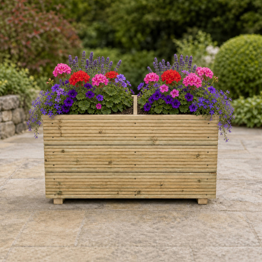 Large Solid Wooden Patio Planter With Central Divide – 88x35x47cm planted with colourful flowers