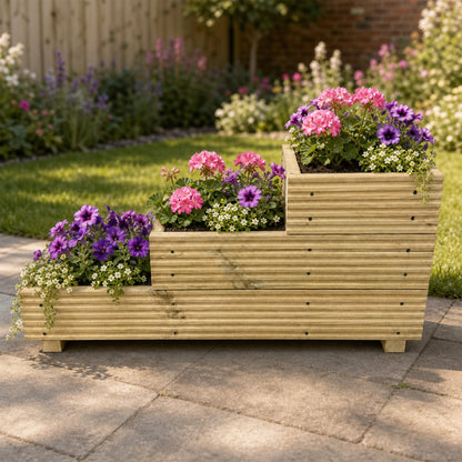 Three – Tier Wooden Decking Planter – 88 × 35 × 48 cm planted with colourful flowers