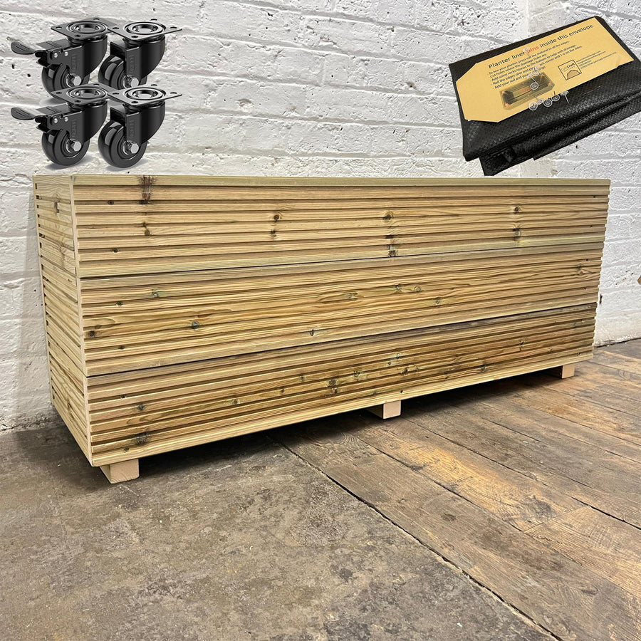 4 ft triple – board Wooden Decking Planter – 120 × 35 × 48 cm fitted with a self-install liner