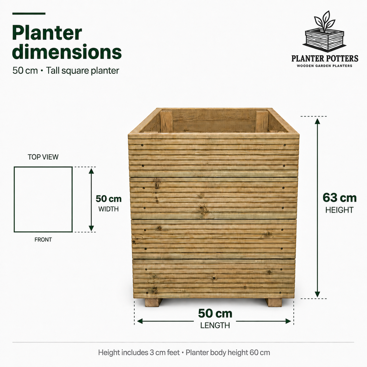Size guide for the 50 cm square wooden planter: 50 x 50 cm footprint and 63 cm height including feet, with a top view showing front-to-back width.