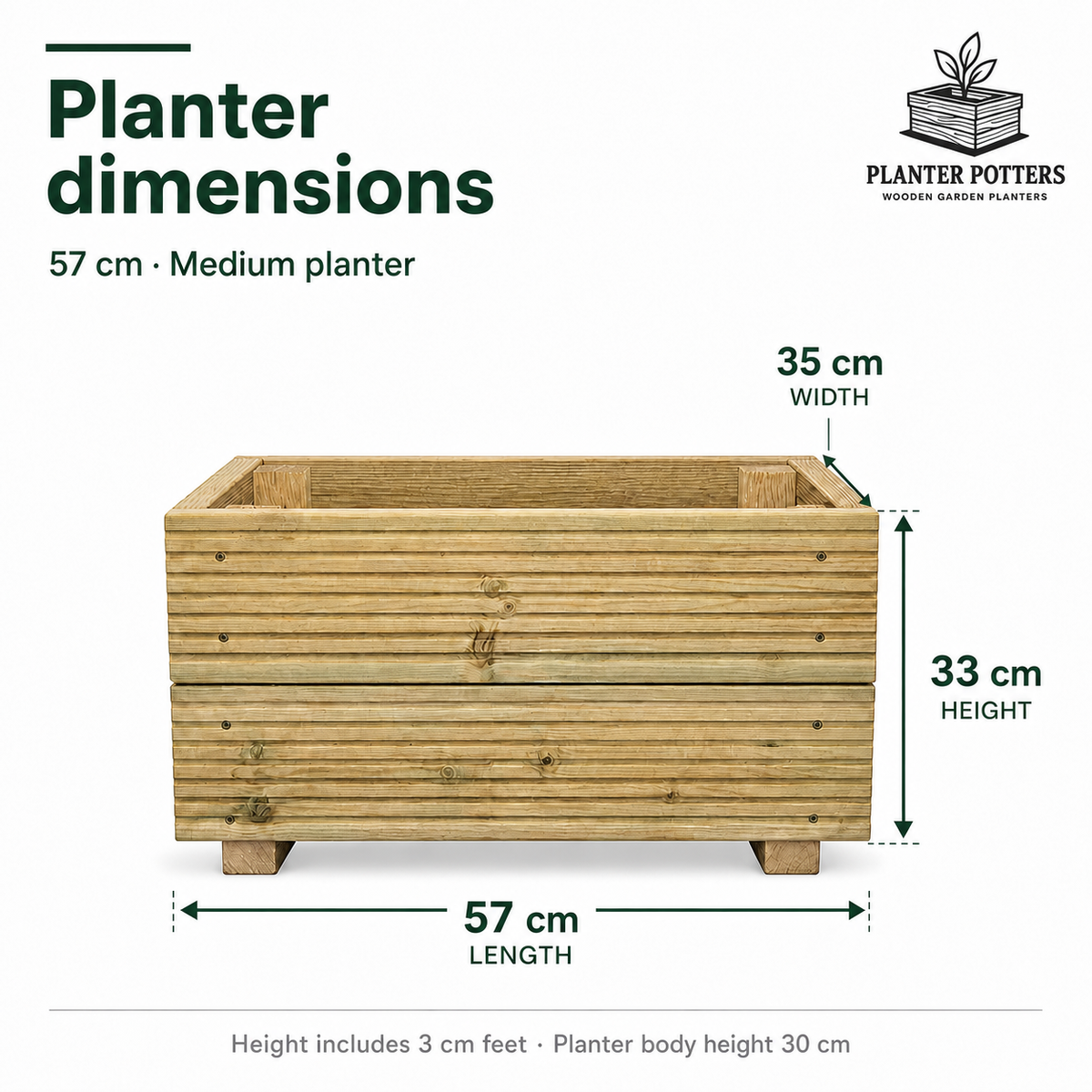 Size guide for the 57 cm medium wooden planter: 57 cm long, 35 cm wide and 33 cm high, including 3 cm feet.