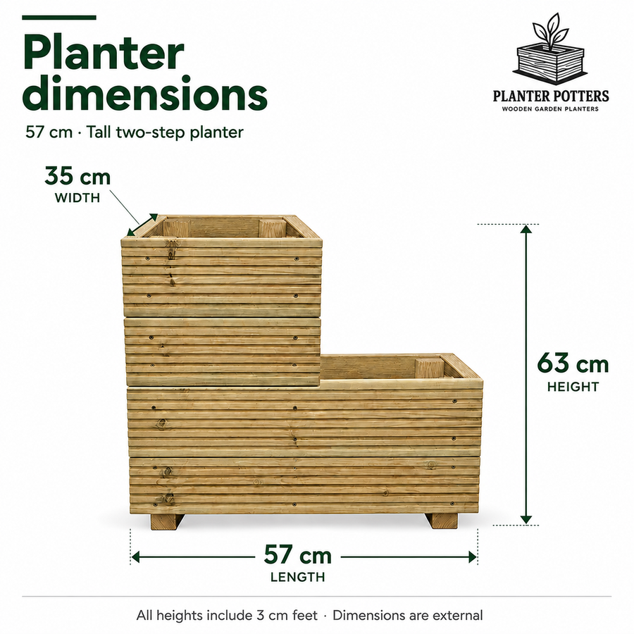 Size guide for the 57 cm tall two step wooden planter: 57 cm long, 35 cm wide and 63 cm at its highest point, including feet.