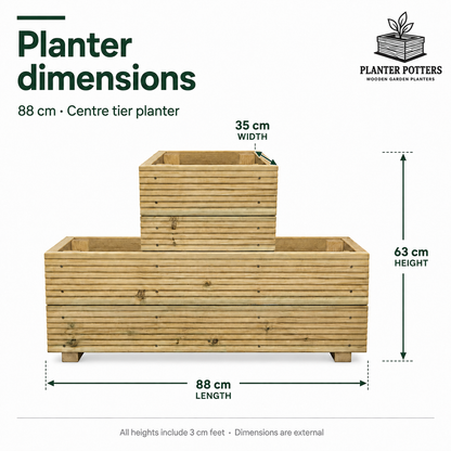 Size guide for the 88 cm centre-tier wooden planter: 88 cm long, 35 cm wide and 63 cm at its highest point, including feet.