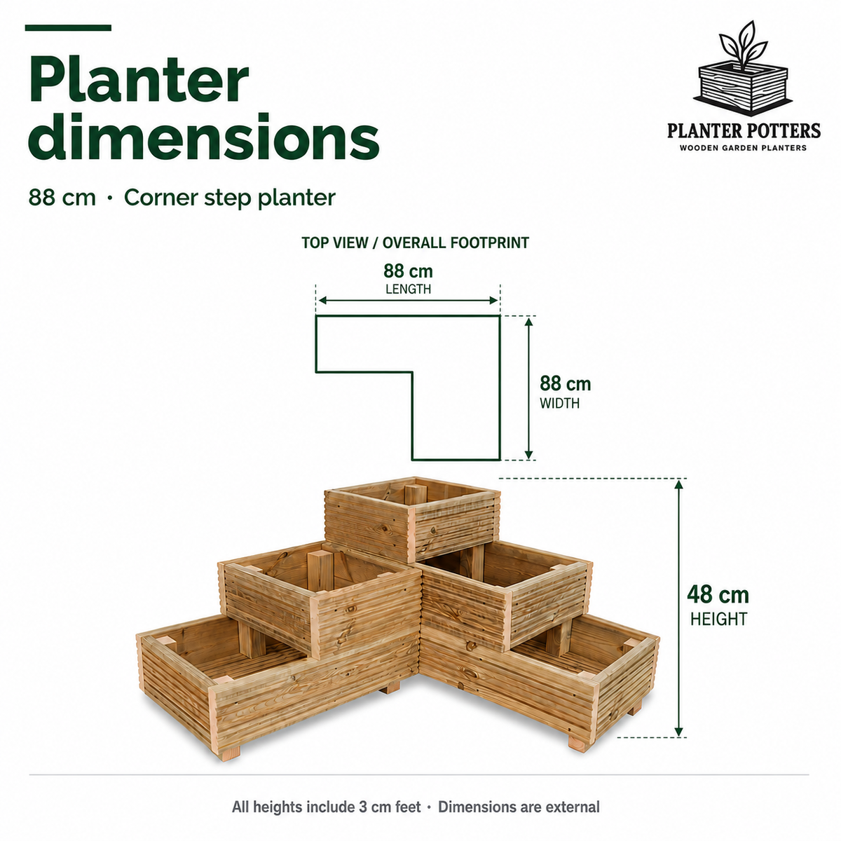 Wooden corner step planter size guide with an overhead diagram showing its full 88 x 88 cm footprint and a 48 cm overall height including feet.