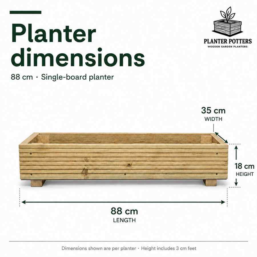 Dimensions of one single-board wooden planter in the set of two: 88 cm long, 35 cm wide and 18 cm high, including 3 cm feet.