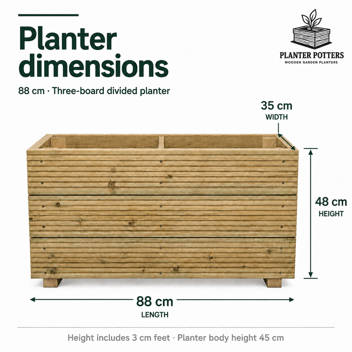 Size guide for the 88 cm three-board divided wooden planter: 88 cm long, 35 cm wide and 48 cm high, including 3 cm feet.