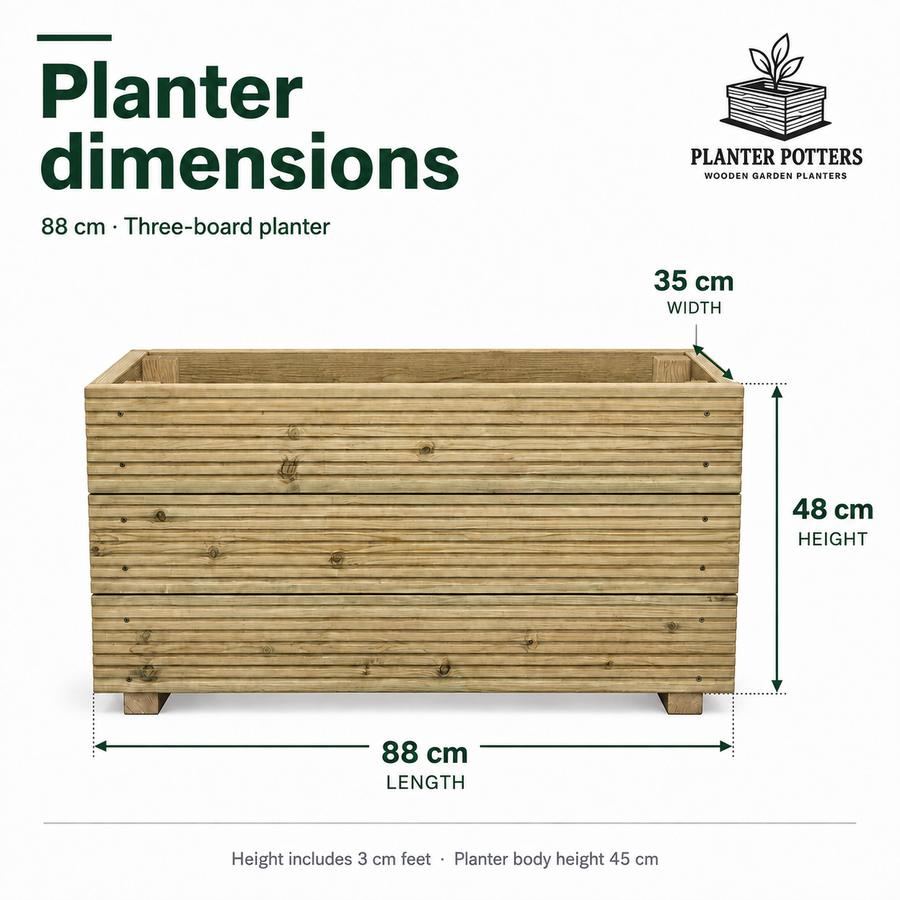 Size guide for the 88 cm three-board wooden planter: 88 cm long, 35 cm wide and 48 cm high, including 3 cm feet.