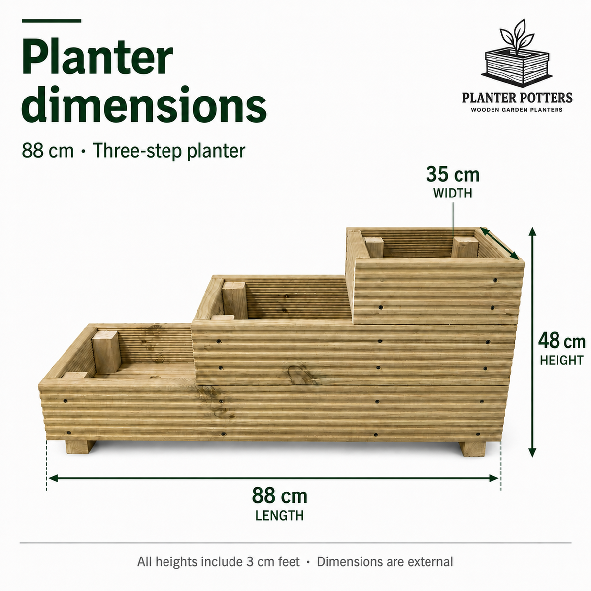 Size guide for the 88 cm three step wooden planter: 88 cm long, 35 cm wide and 48 cm at its highest point, including feet.