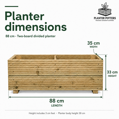 Size guide for the 88 cm two-board divided wooden planter: 88 cm long, 35 cm wide and 33 cm high, including 3 cm feet.