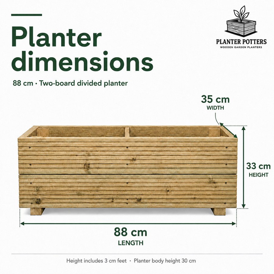 Size guide for the 88 cm two-board divided wooden planter: 88 cm long, 35 cm wide and 33 cm high, including 3 cm feet.