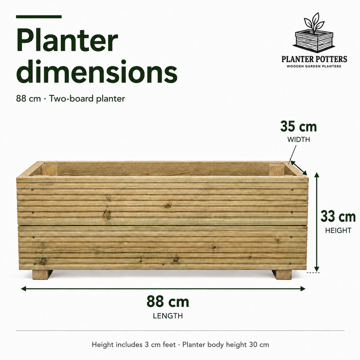 Size guide for the 88 cm two-board wooden planter: 88 cm long, 35 cm wide and 33 cm high, including 3 cm feet.