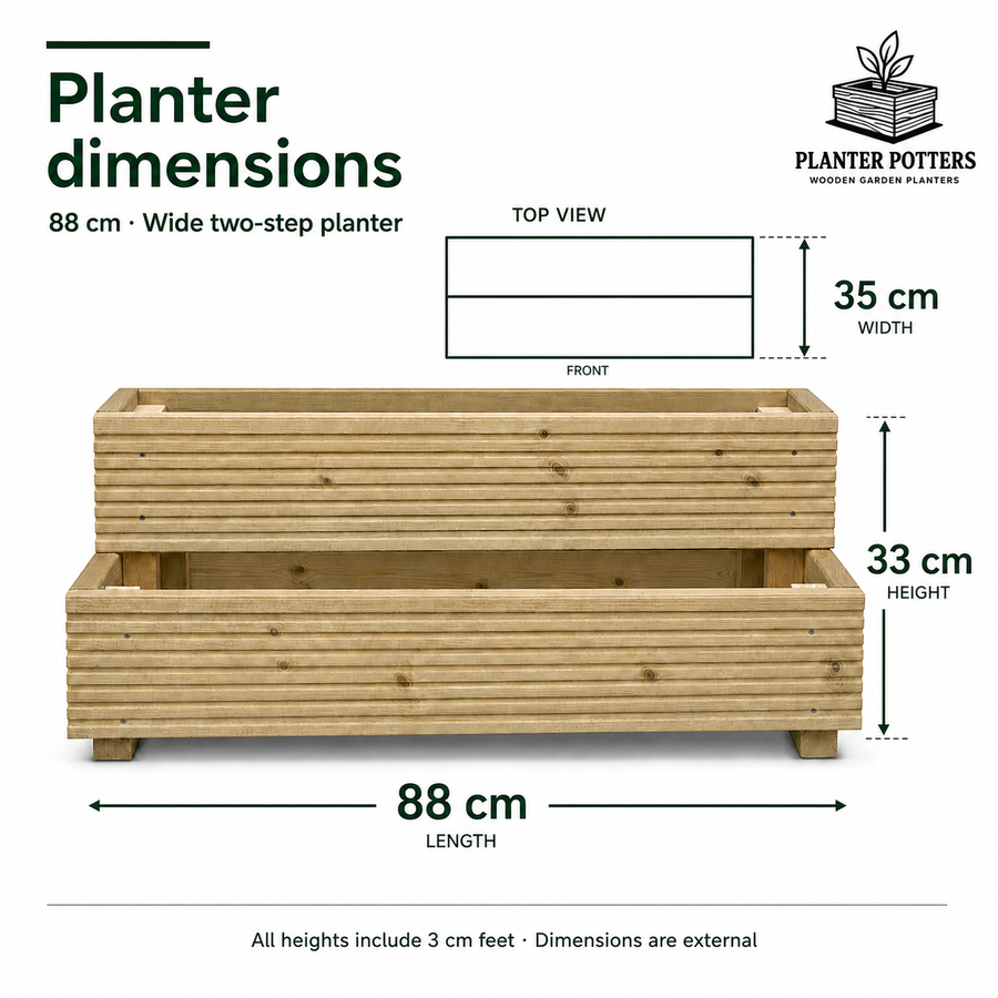 Wide two-step wooden planter size guide: 88 cm long and 33 cm high, with a top view showing 35 cm overall depth across both front and rear troughs.