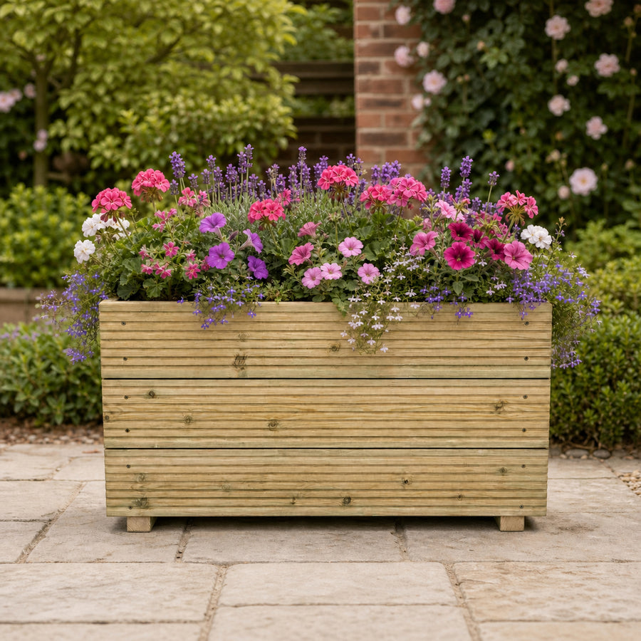 Large Wooden Decking Planter – Triple – Board 88 × 35 × 48 cm planted with colourful flowers