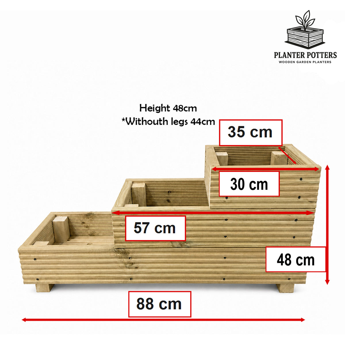 Three – Tier Wooden Decking Planter – 88 × 35 × 48 cm dimensions and size guide