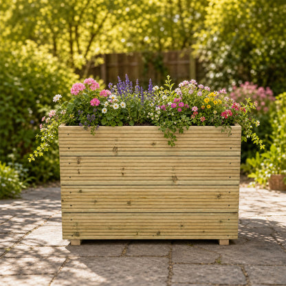 Tall Wooden Decking Planter – 88 × 35 × 63 cm planted with colourful flowers