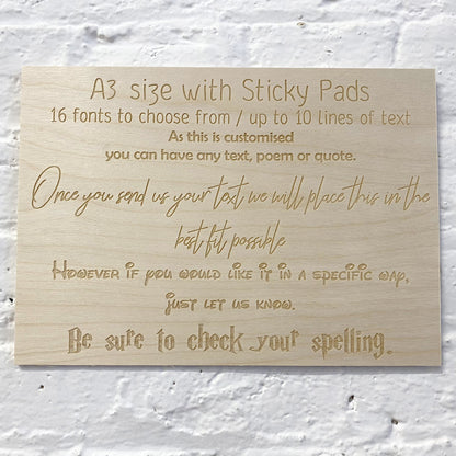 A3 personalised wooden sign with sample text and sticky-pad fixing option
