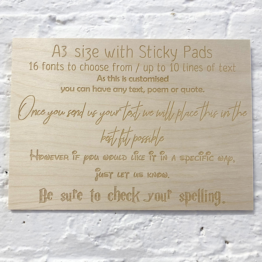 A3 personalised wooden sign with sample text and sticky-pad fixing option