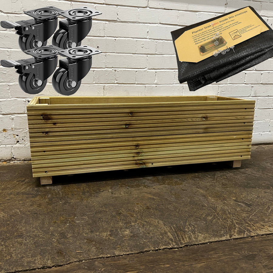 1 m Wooden Decking Planter – 100 × 35 × 33 cm fitted with a self-install liner and heavy-duty wheels