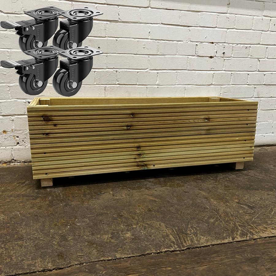 1 m Wooden Decking Planter – 100 × 35 × 33 cm fitted with heavy-duty wheels