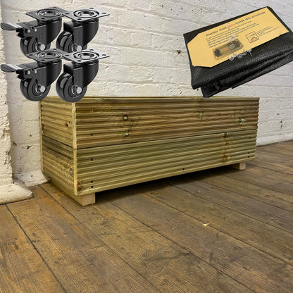 Large Wooden Decking Planter – 88 × 35 × 33 cm fitted with a self-install liner and heavy-duty wheels