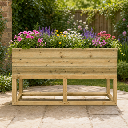 Large Raised 100 cm Wooden Decking Planter 100 × 35 × 96 cm planted with colourful flowers