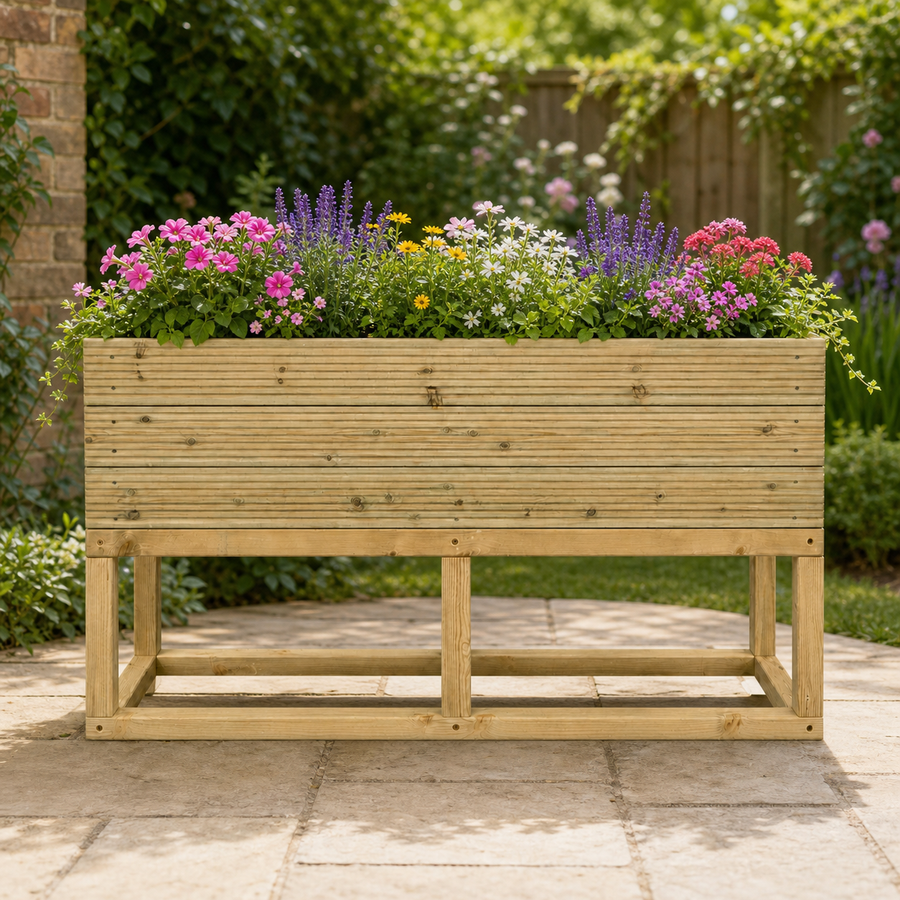 Large Raised 100 cm Wooden Decking Planter 100 × 35 × 96 cm planted with colourful flowers