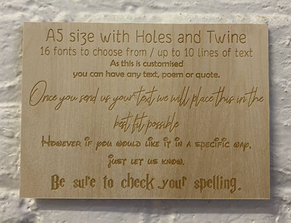 A5 wooden sign showing engraving options for a hanging plaque