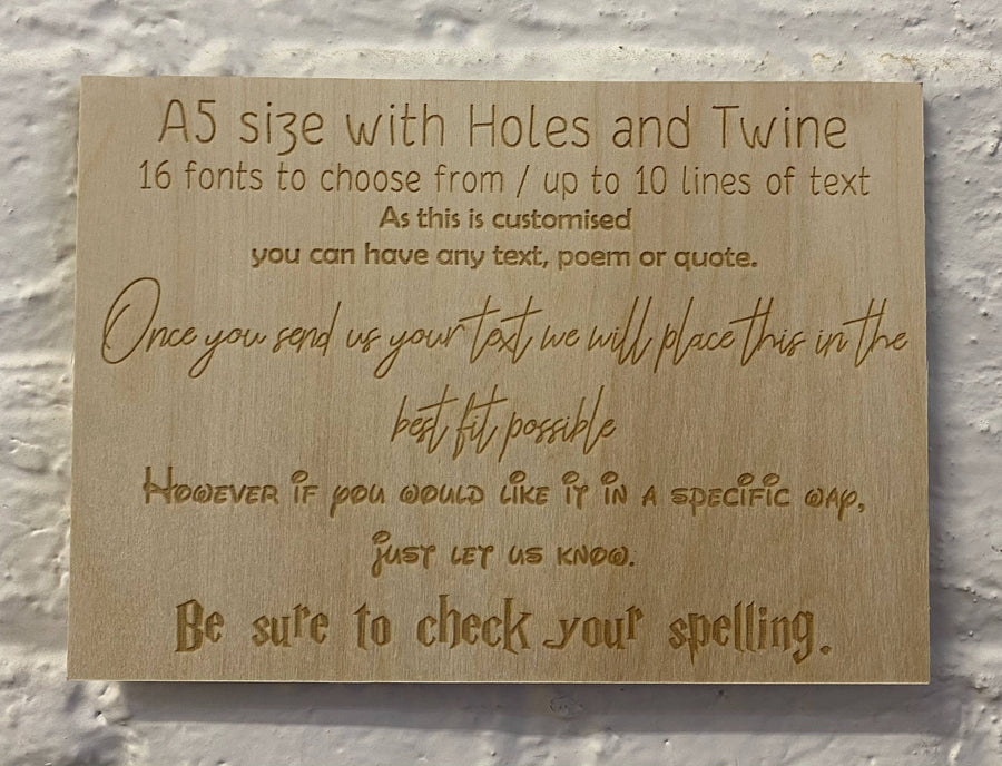A5 wooden sign showing engraving options for a hanging plaque