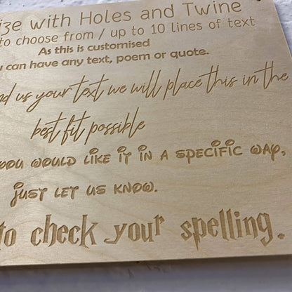 Close-up of sample fonts and layout on a personalised wooden sign