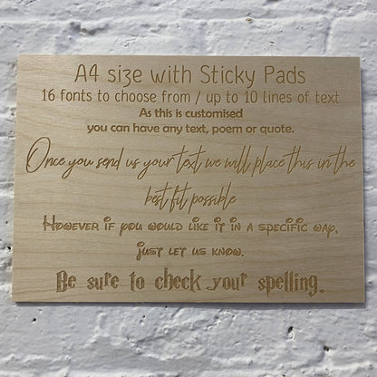 A4 personalised wooden sign with sample text and sticky-pad fixing option