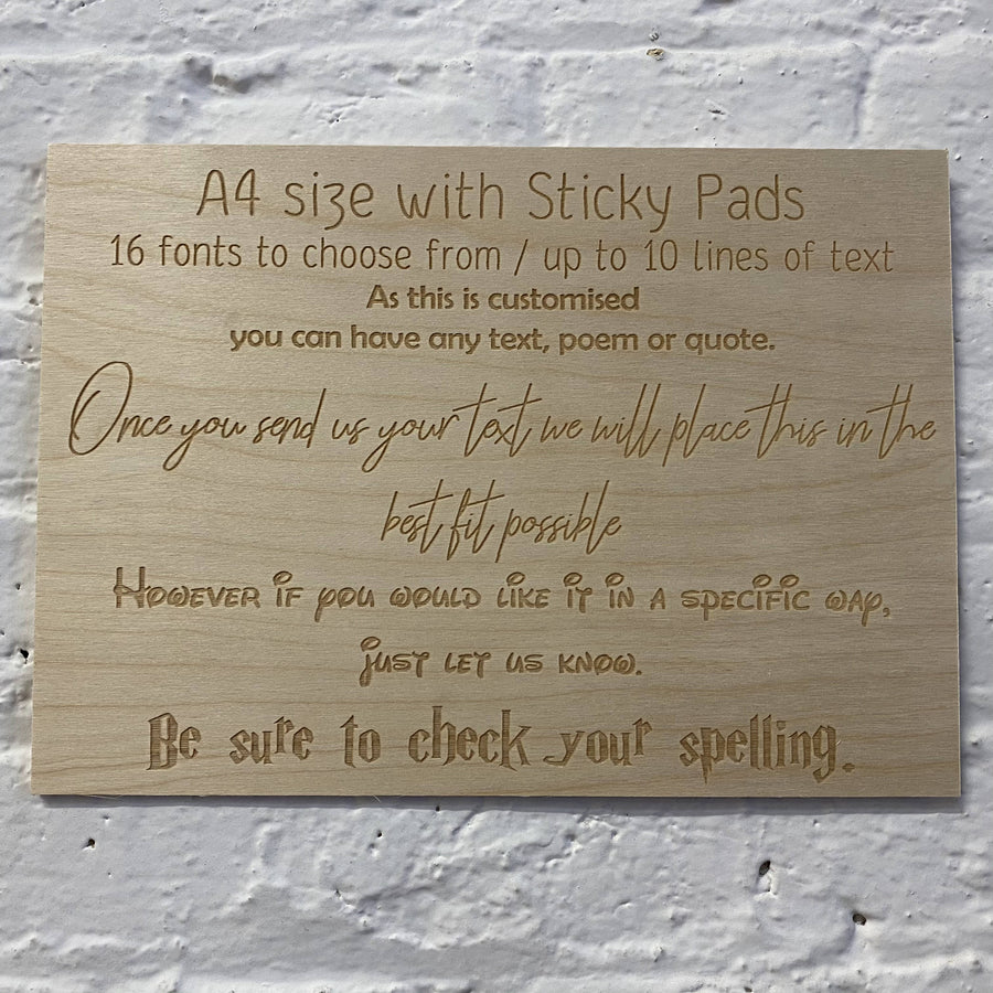 A4 personalised wooden sign with sample text and sticky-pad fixing option