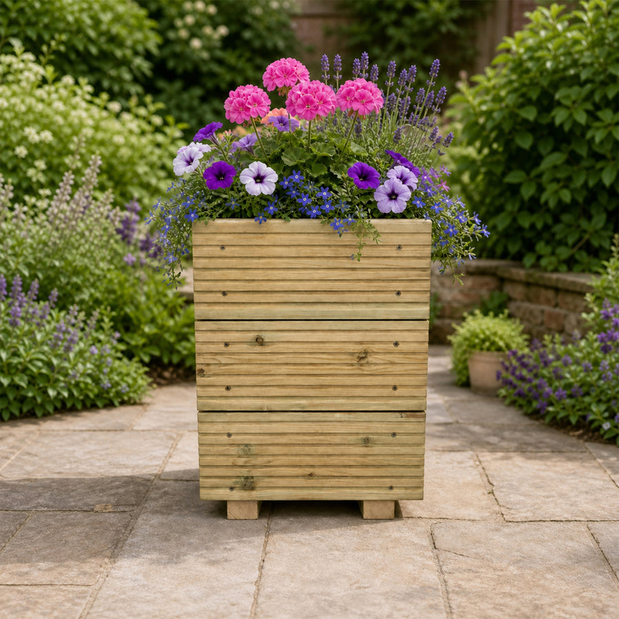 Small Square Wooden Decking Planter 35 × 35 × 47 cm planted with colourful flowers